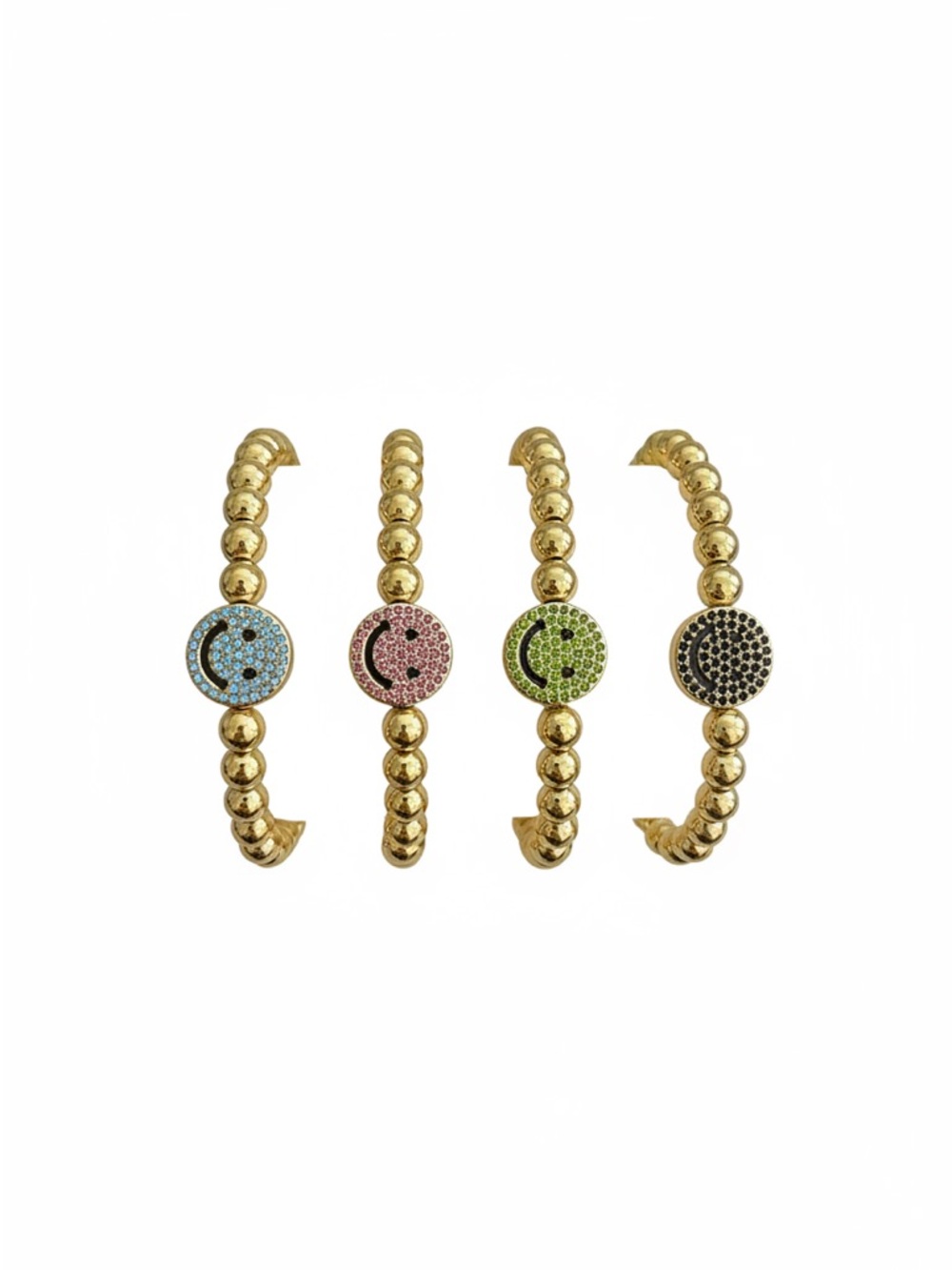Gold Beaded Smiley Bracelet with Pink Crystal Face